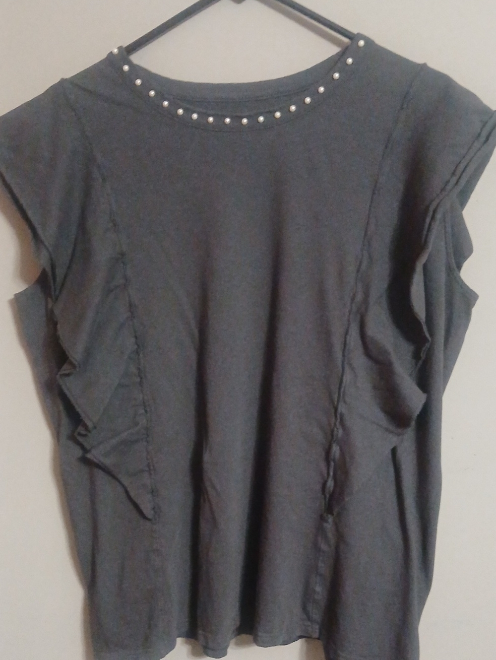 aerie Charcoal Ruffle Sleeve Tee with Pearl Neckline